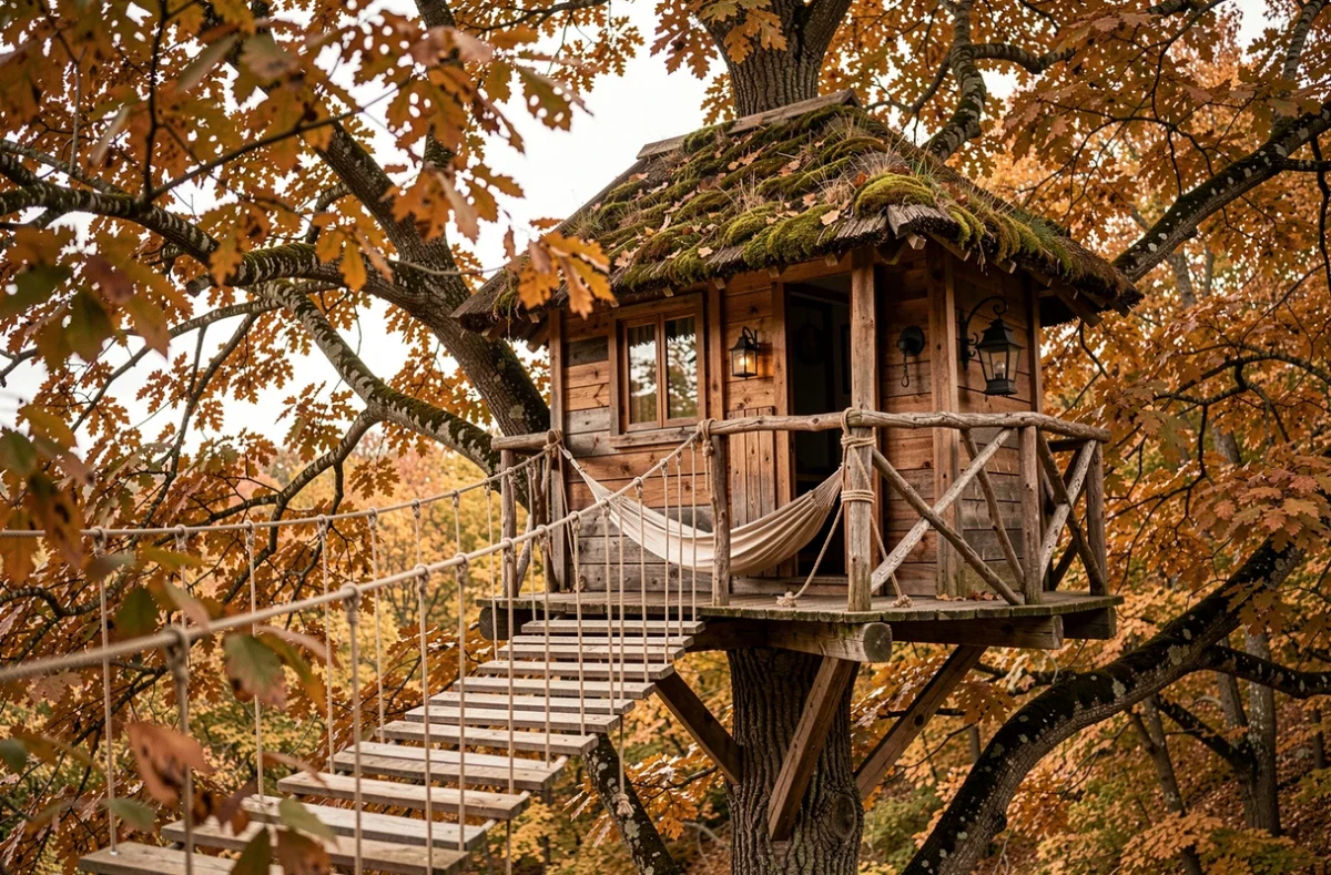 Cabane perchée dans les châtaigniers ardéchois de Nuits d'Y Cîmes avec passerelle suspendue et balcon en bois brut