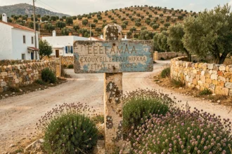 Panneau de signalisation en pierre dans un village crétois traditionnel, avec inscriptions grecques et paysage méditerranéen de fond