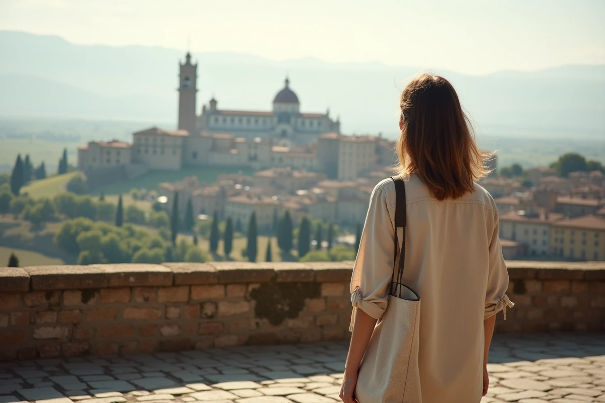 Voyageuse contemplant le panorama de Sienne depuis un belvédère avec le Duomo visible sur la colline toscane