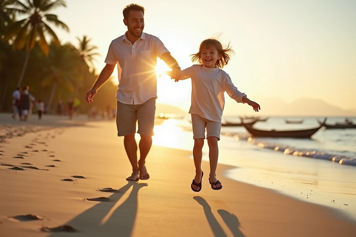 Père et fille jouant sur la plage au lever du soleil