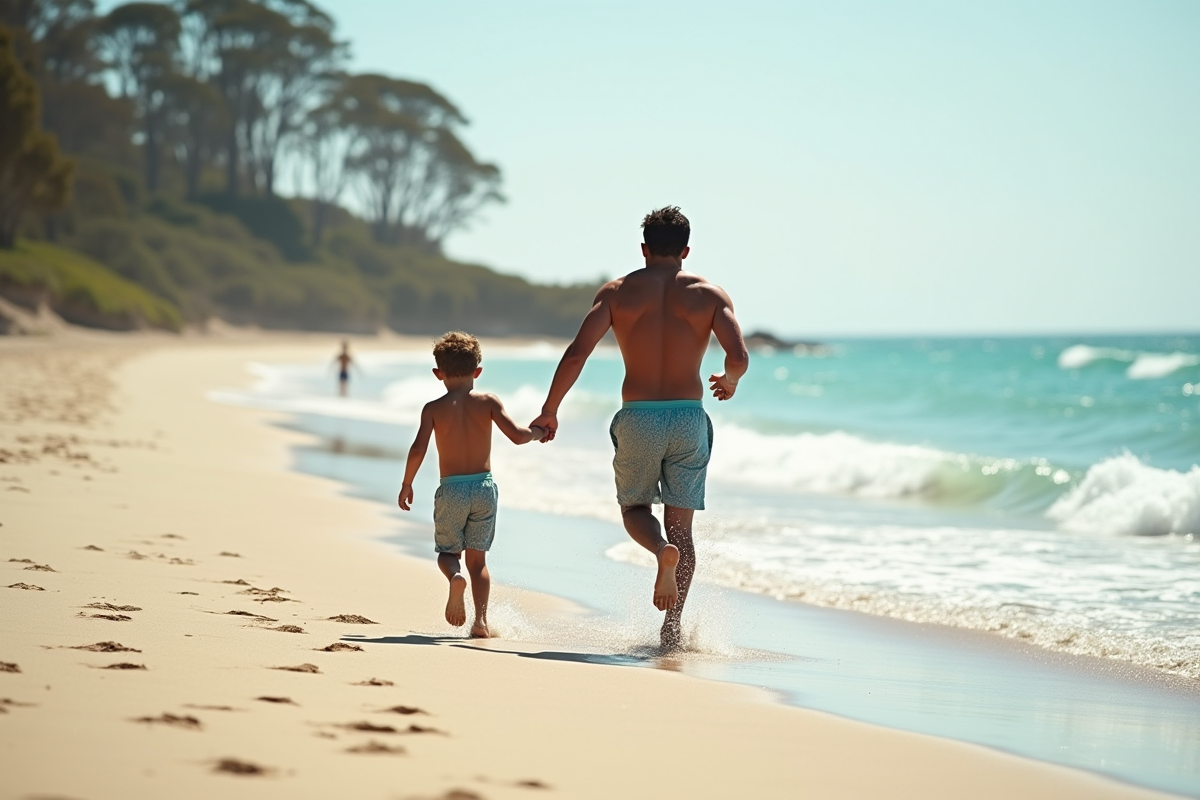 Père et fils courant sur la plage australienne au matin