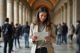 Femme tenant un pass musées et un plan de transport à l'entrée d'un musée de l'Île des Musées de Berlin