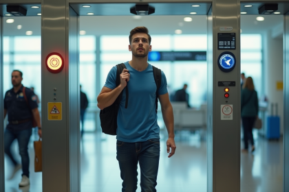 Jeune homme passant par un portique de sécurité aéroport