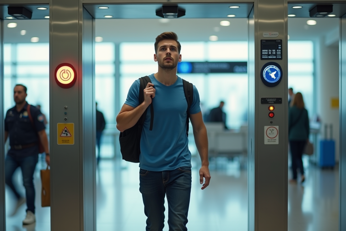 Jeune homme passant par un portique de sécurité aéroport