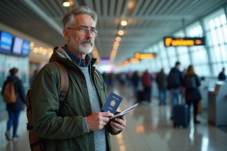 Homme d'âge moyen avec passeport à l'aéroport