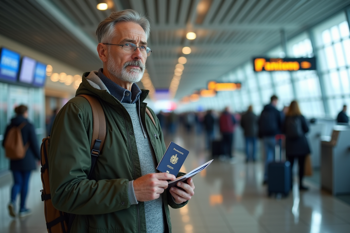 Homme d'âge moyen avec passeport à l'aéroport