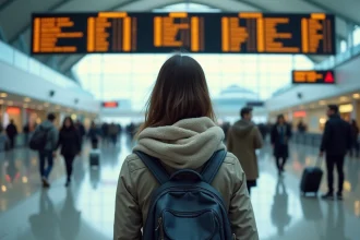 Jeune femme près du tableau des départs à Charles de Gaulle