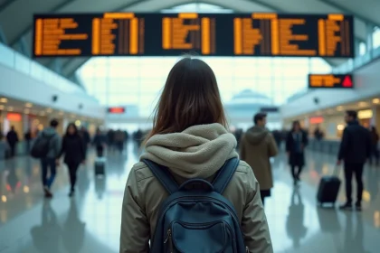Jeune femme près du tableau des départs à Charles de Gaulle