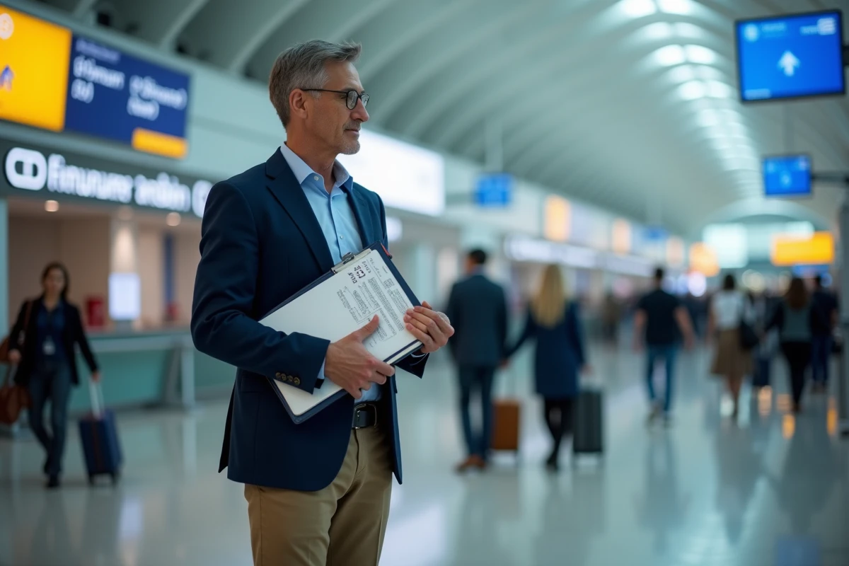 Patient avec dossier médical et documents de visa à l'aéroport avant un voyage pour une opération chirurgicale à l'étranger