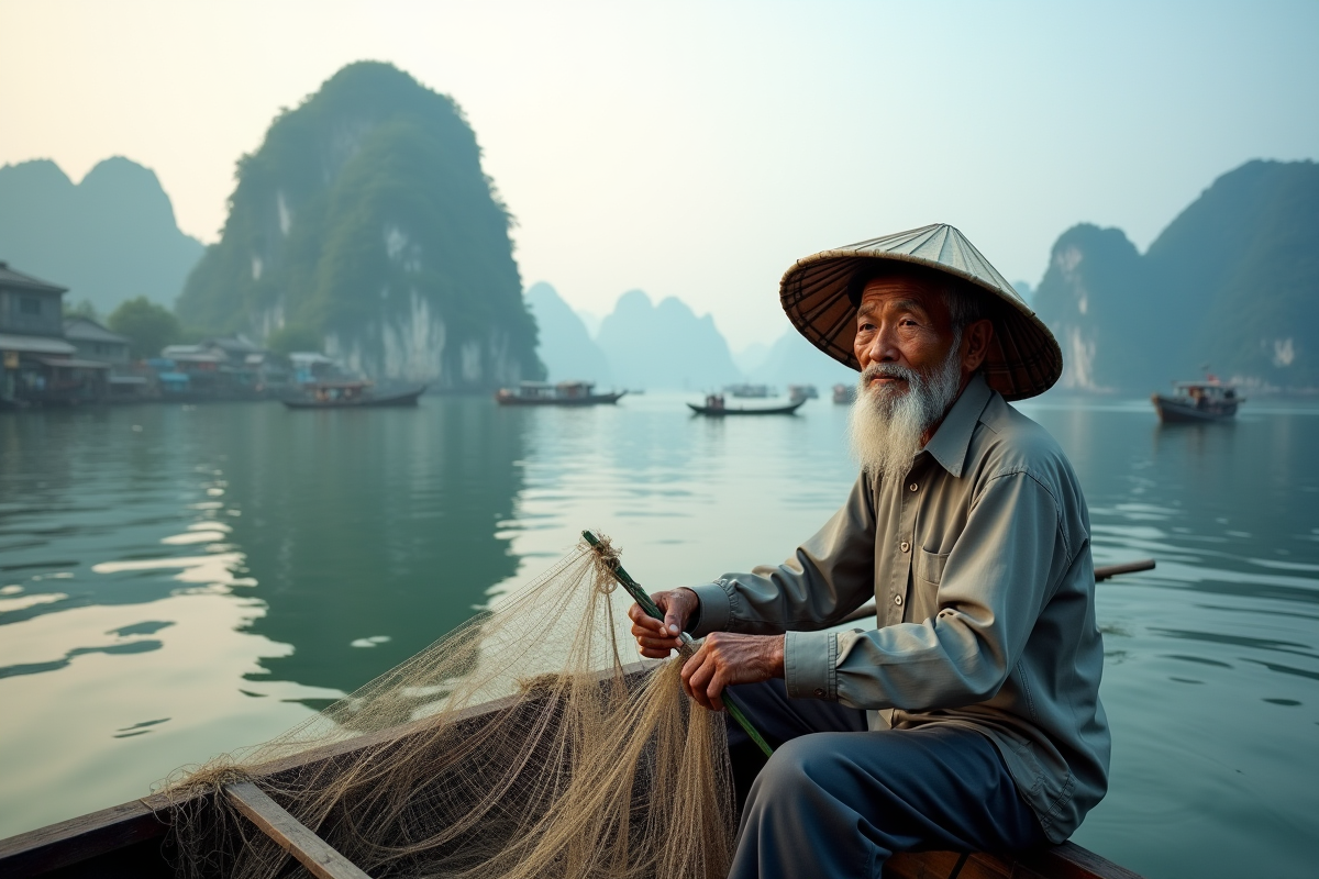 Pêcheur vietnamien lançant son filet dans Ha Long Bay
