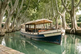 Péniche naviguant sur le Canal du Midi sous une voûte de platanes centenaires en été