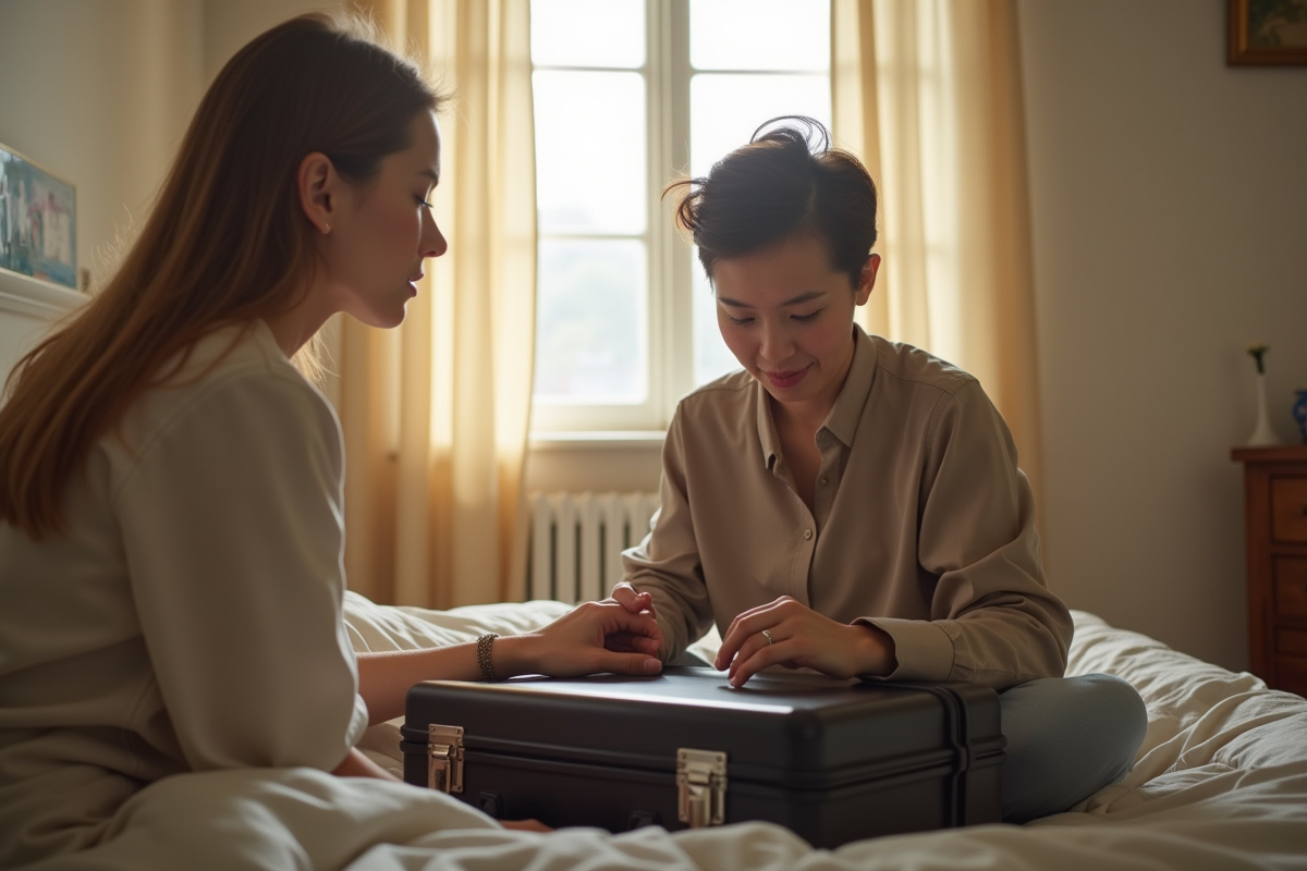 Personne examinant la serrure d'une valise en chambre lumineuse