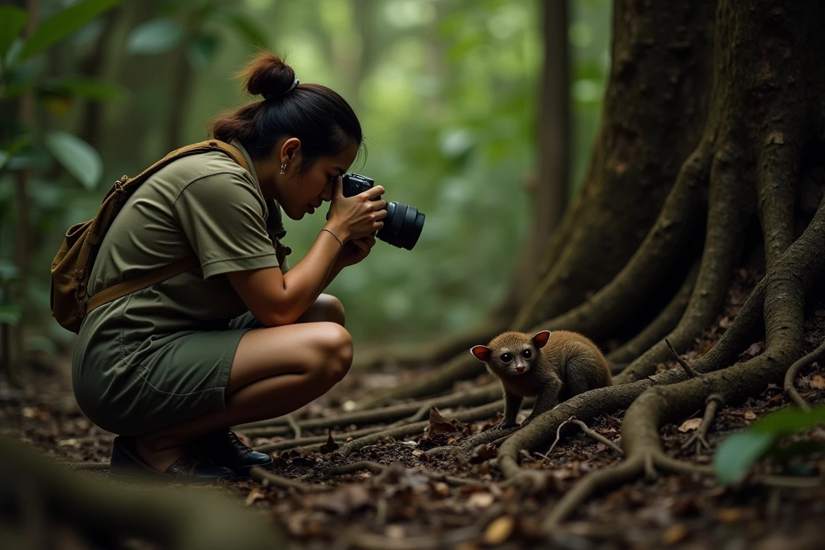 Photographe animalière en forêt philippine observant un tarsier de près sans flash, technique de photo naturaliste