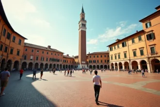 Vue panoramique de la Piazza del Campo de Sienne avec la Torre del Mangia en arrière-plan, Toscane, Italie