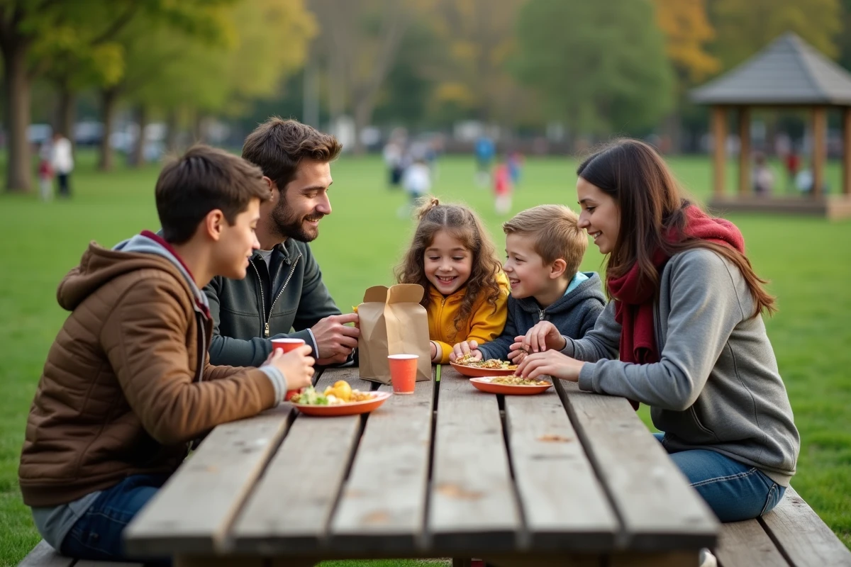 Famille faisant un pique-nique économique à une table de Corona Park à Queens lors d'une sortie en plein air