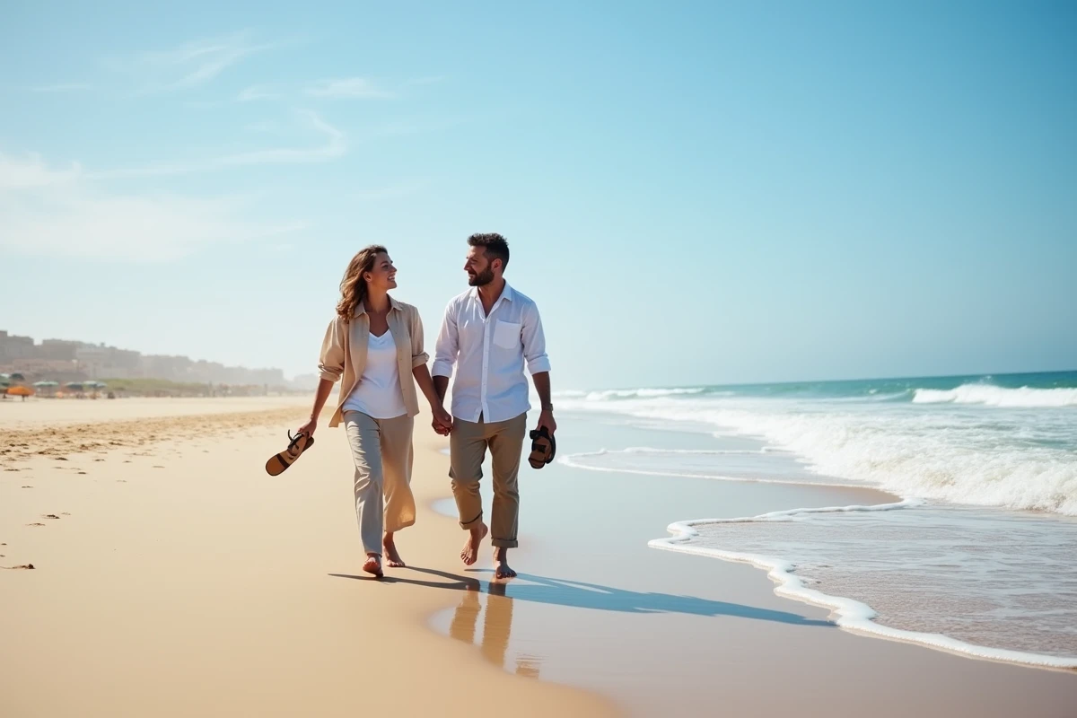 Couple se promenant pieds nus sur la plage d'Agadir en février, avec l'océan Atlantique et un ciel bleu hivernal en arrière-plan