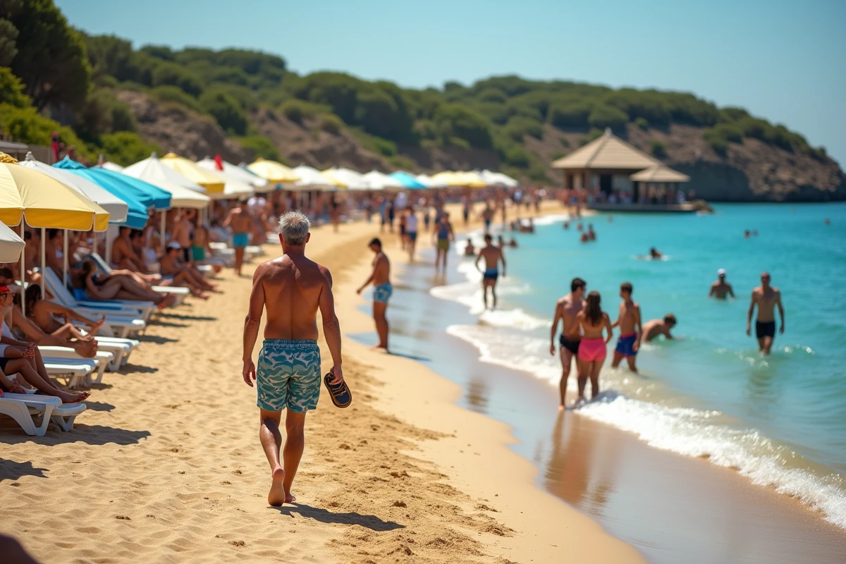 Plage publique animée en Corse avec parasols colorés familles et mer bleue en été
