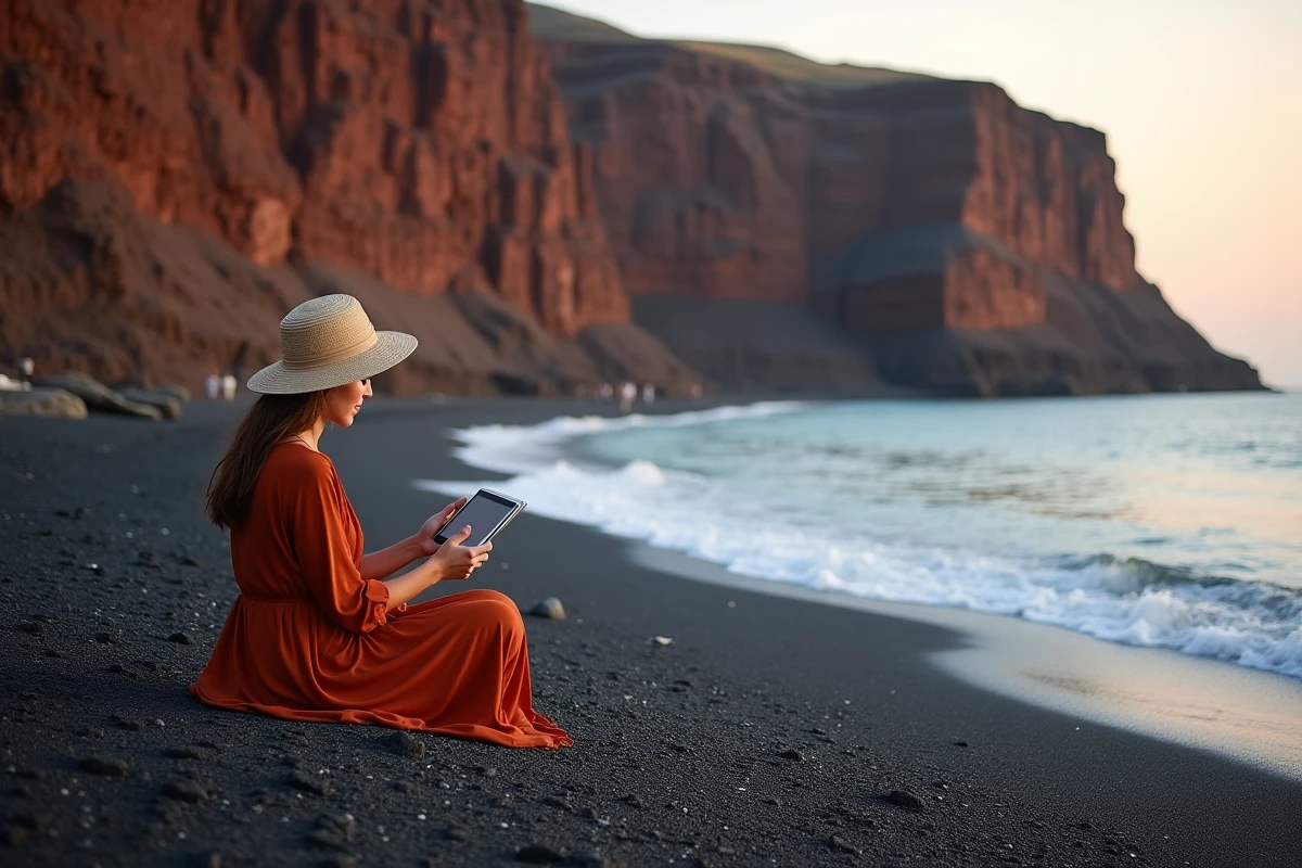 Femme assise sur la plage rouge d'Akrotiri à Santorin au coucher du soleil, encadrée par les falaises volcaniques emblématiques