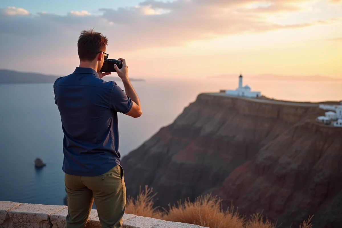Voyageur photographiant la caldeira de Santorin depuis le point de vue des falaises d'Akrotiri au crépuscule