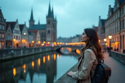 Femme voyageuse sur le pont Sint-Michielsbrug à Gand contemplant le Graslei et les façades médiévales au crépuscule