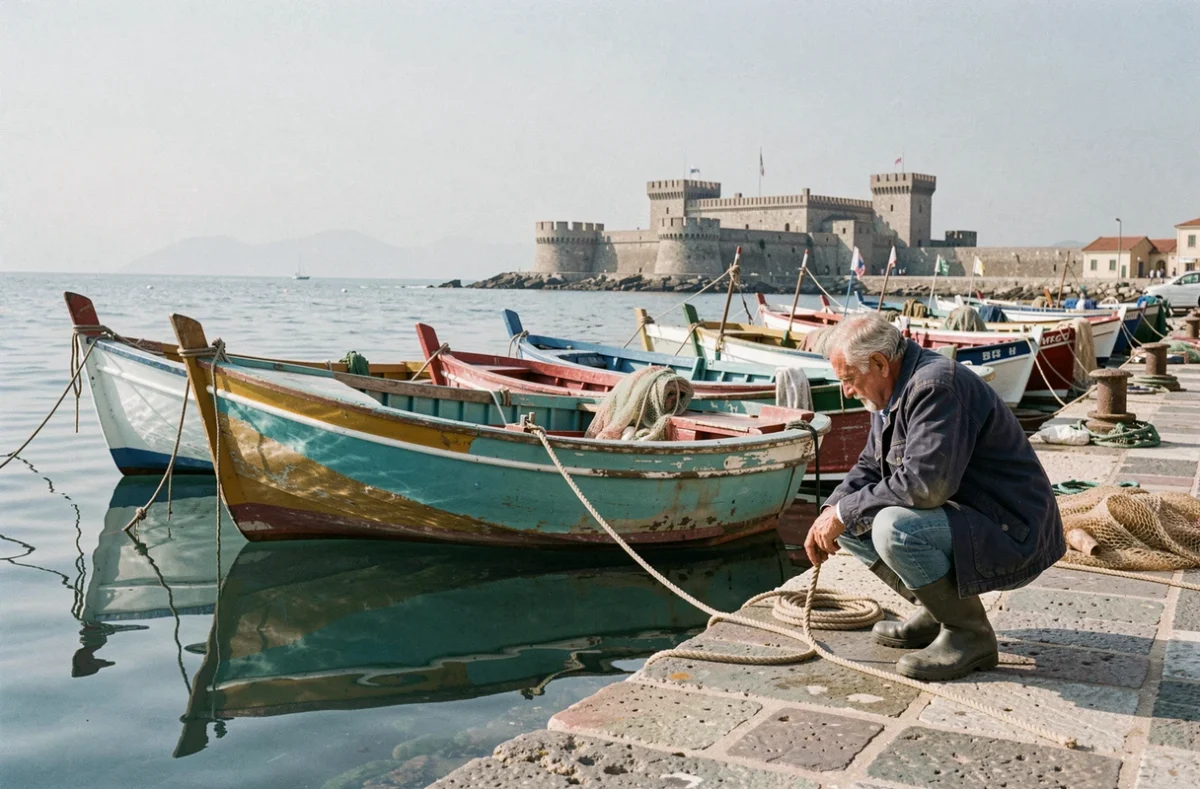 Port de pêche de Monopoli avec bateaux colorés et pêcheur local par calme journée de printemps en Puglia