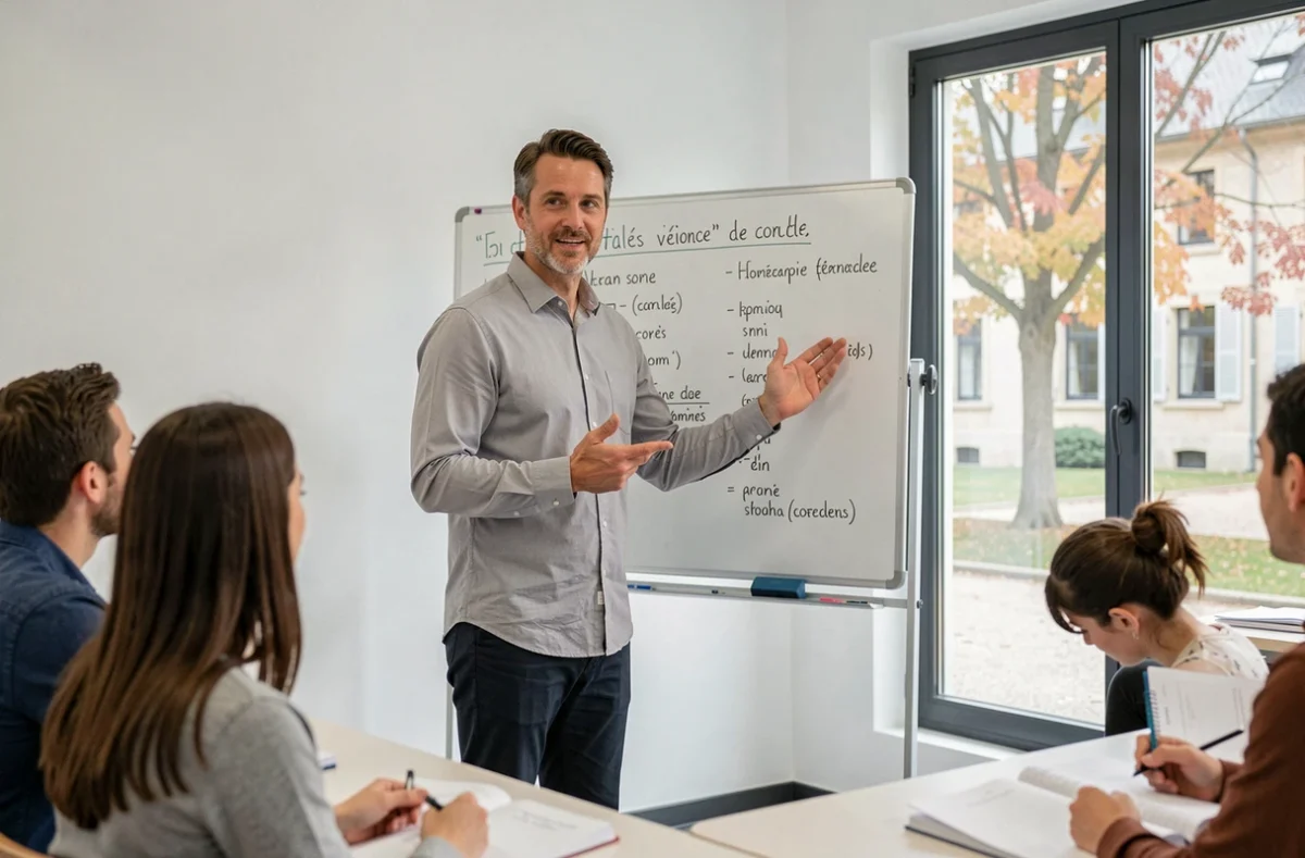 Professeur de français qualifié animant un cours intensif dans une école de langue en France en 2026
