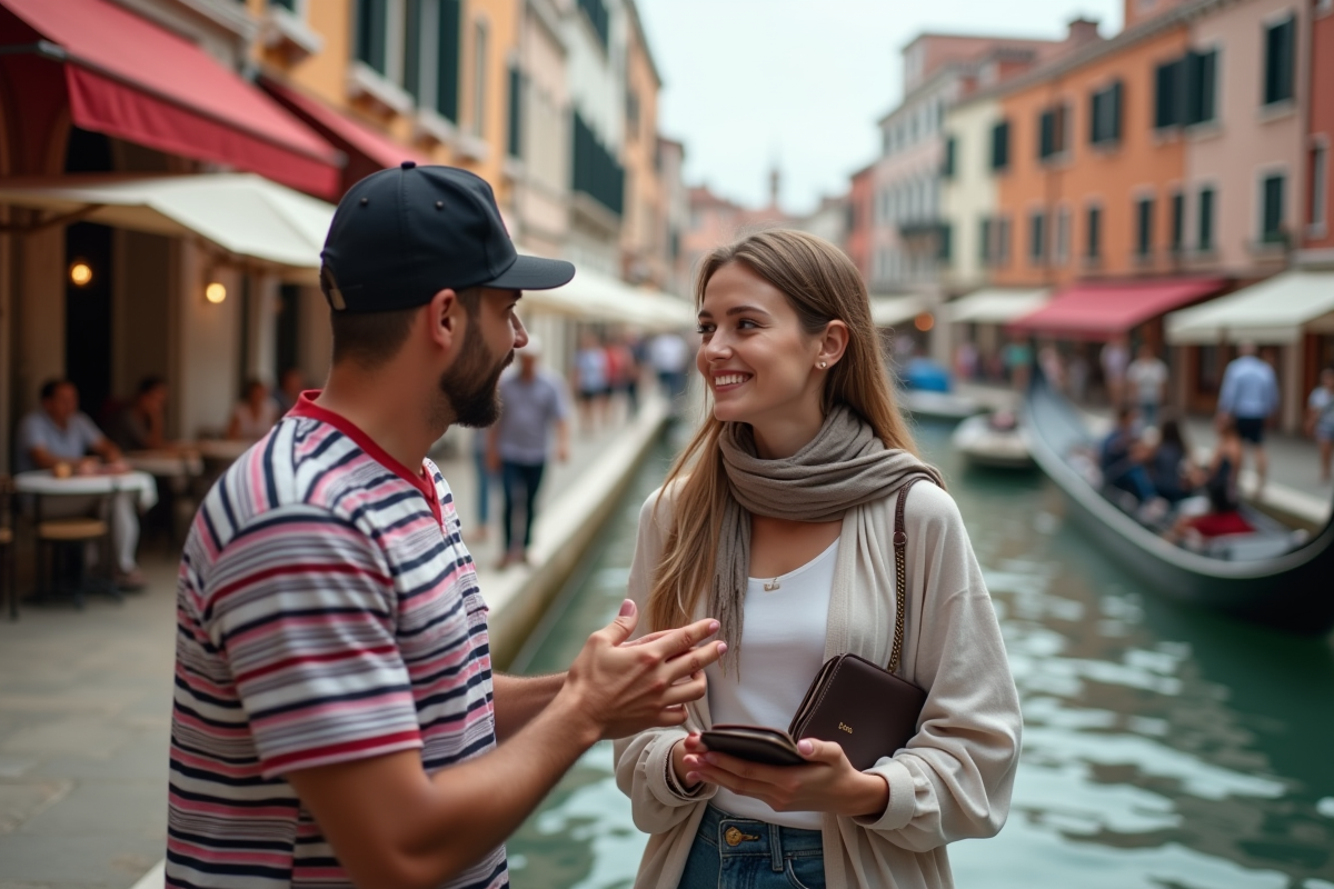 Jeune femme parlant avec un gondolier sur la promenade