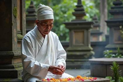 Prêtre balinais en robe blanche lors d'une offrande dans un temple