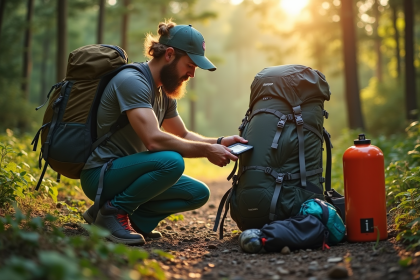 Randonneur pesant son sac à dos avec une balance numérique en nature