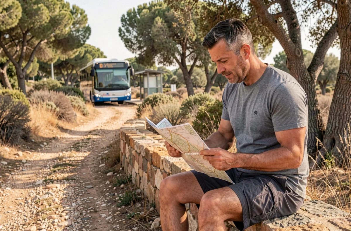 Randonneur consultant une carte sur le sentier de la Pointe du Salaison accessible en transport en commun depuis Montpellier