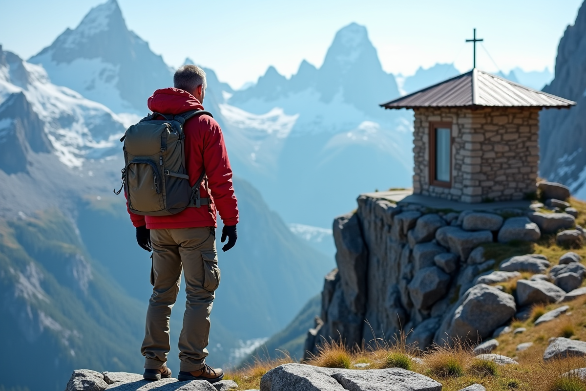 Randonneur au bord d’un refuge en montagne enneigee