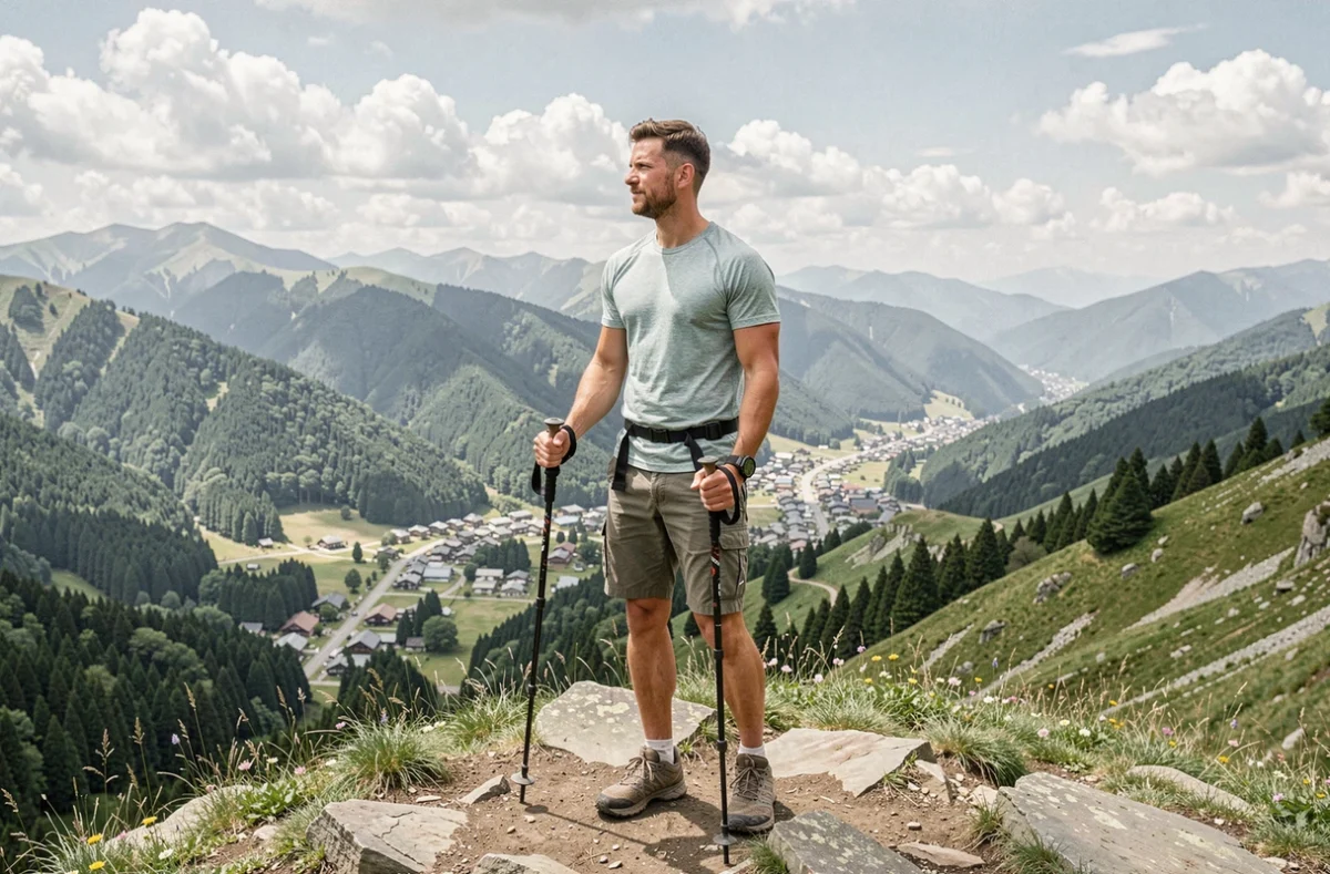 Randonneur masculin observant le panorama depuis une crête alpine au-dessus du village de Nozawa Onsen en été