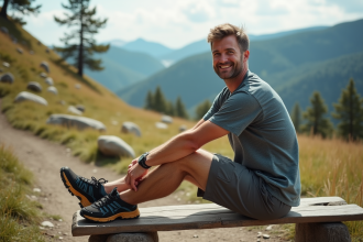 Homme en randonnée détendu sur un banc en montagne