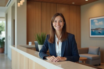 Réception de l'hôtel ibis à Fécamp avec une hôtesse souriante lors d'un enregistrement