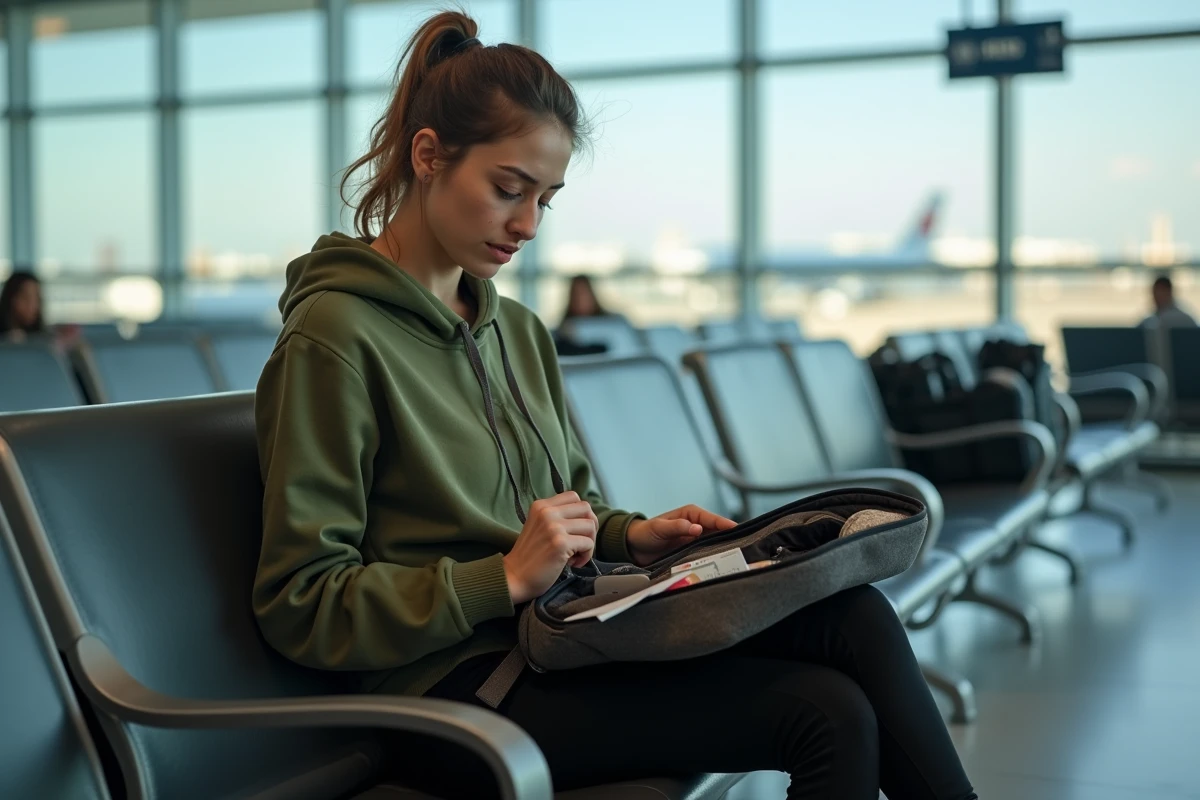 Jeune femme réorganisant son bagage à main dans un terminal d'aéroport avant l'embarquement