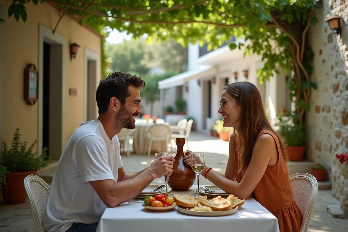 Couple partageant un repas en terrasse dans une taverne authentique de Folégandros en Grèce