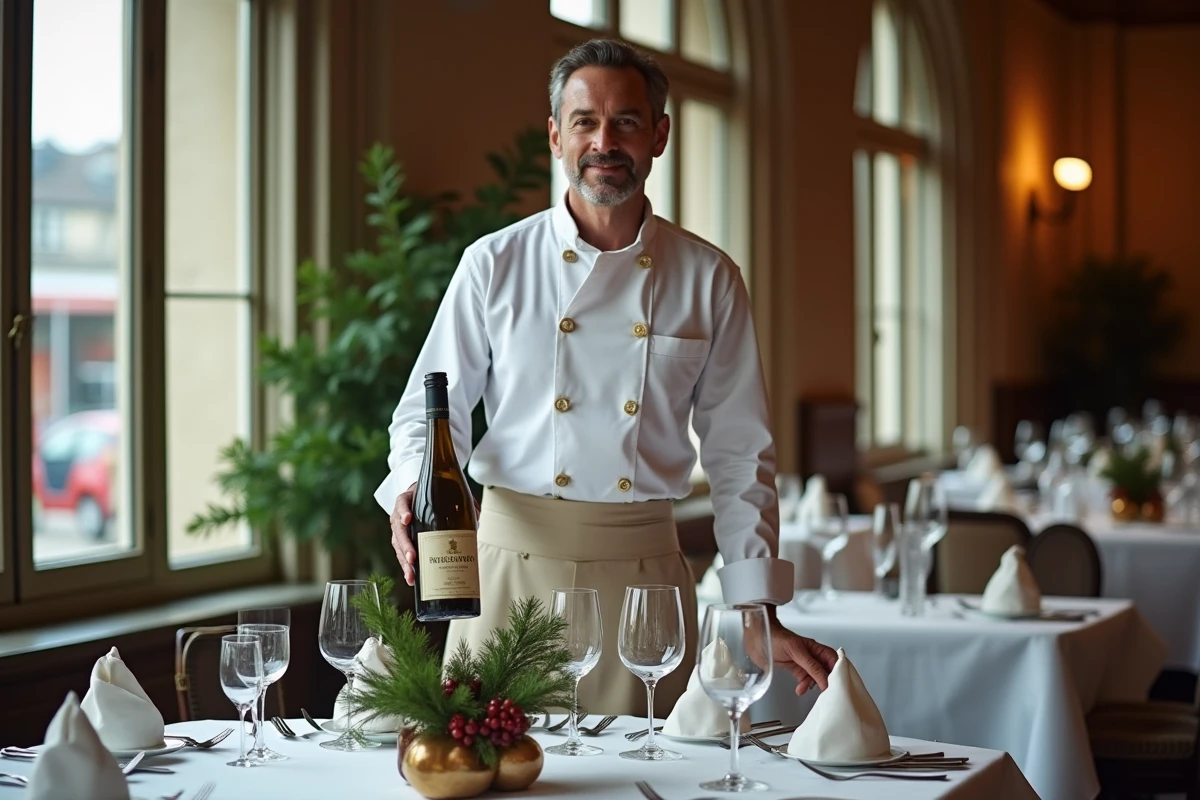 Sommelier présentant un Riesling alsacien dans le restaurant gastronomique d'un hôtel 5 étoiles de Strasbourg à Noël