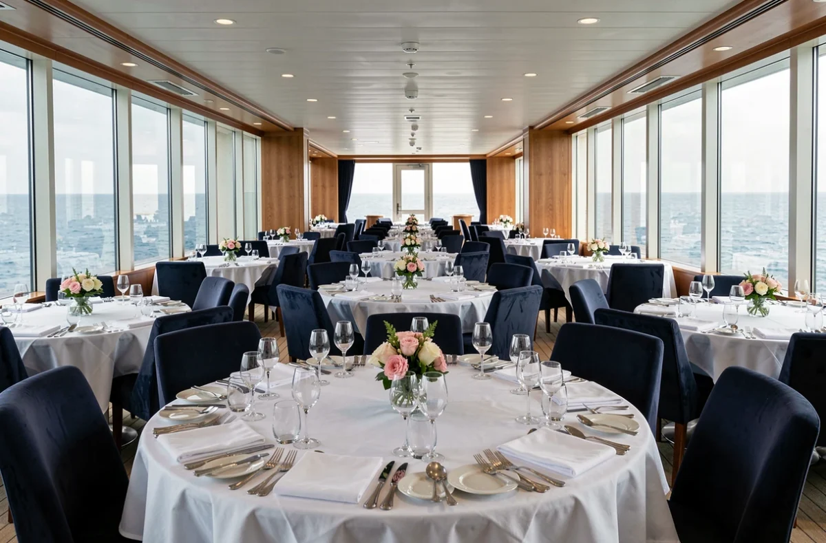 Salle de restaurant luxueuse d'un navire de croisière en mer Rouge avec tables dressées et vue sur l'océan