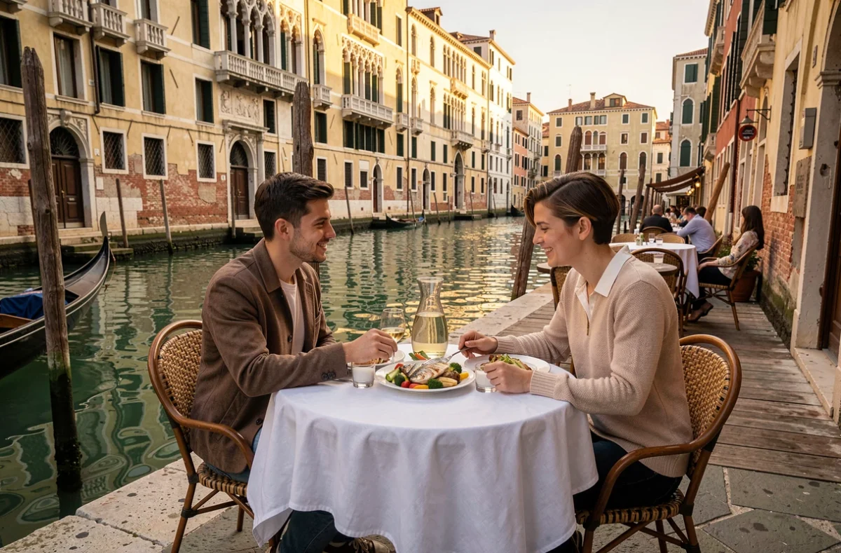 Couple savourant un repas de poisson grillé en terrasse au bord d'un canal vénitien dans un restaurant authentique