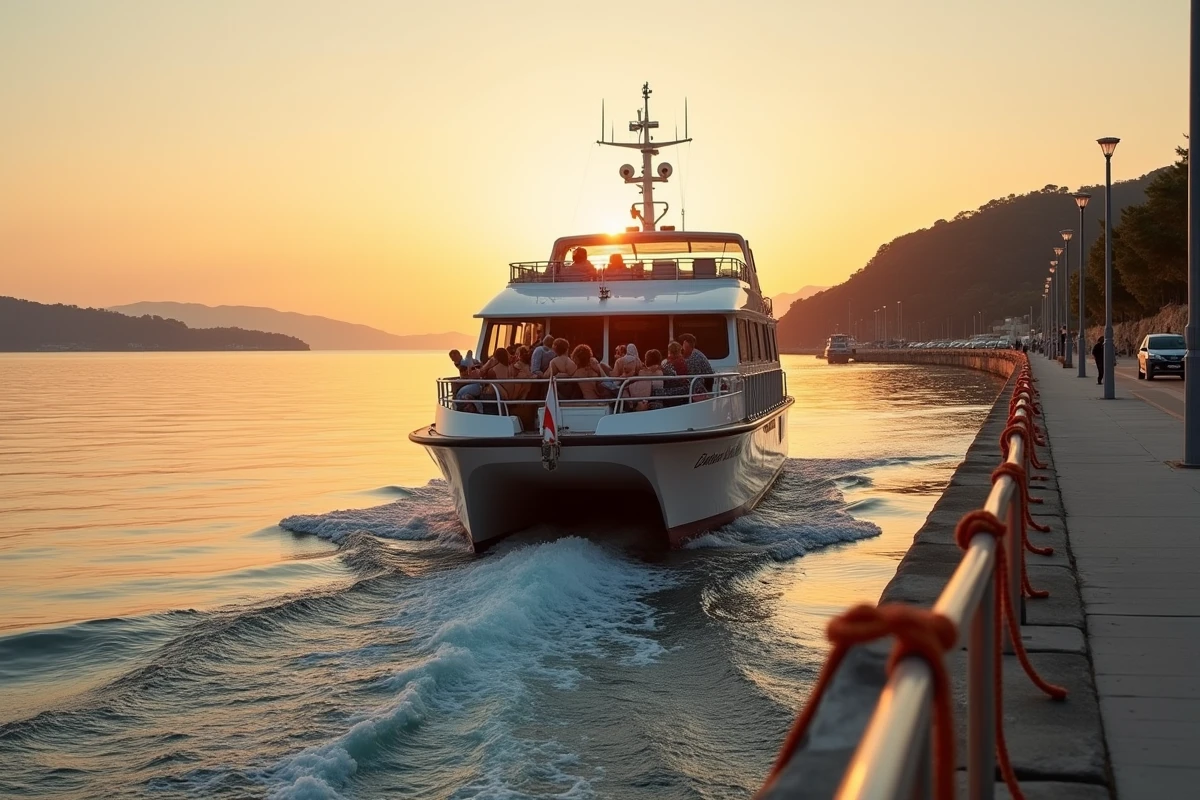 Bateau de retour de Porquerolles arrivant au port au coucher du soleil avec des touristes sur le pont