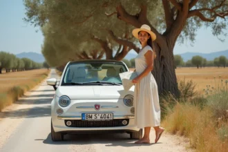 Femme en robe de lin appuyée contre une voiture de location sur une route des Pouilles bordée d'oliviers centenaires