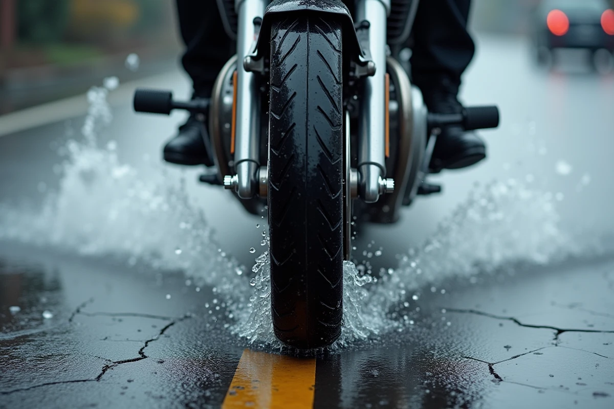 Gros plan sur la roue avant d'une moto traversant une flaque d'eau sous la pluie avec éclaboussures dynamiques