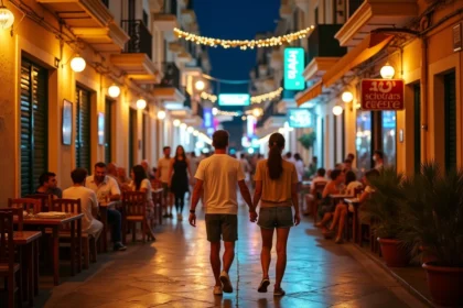 Rue animée de Paceville à Malte avec des jeunes adultes se promenant devant des bars aux façades en pierre calcaire jaune la nuit