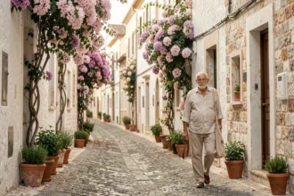 Ruelle pavée du centre historique de Monopoli en Puglia au printemps avec bougainvillées en fleurs et habitant local