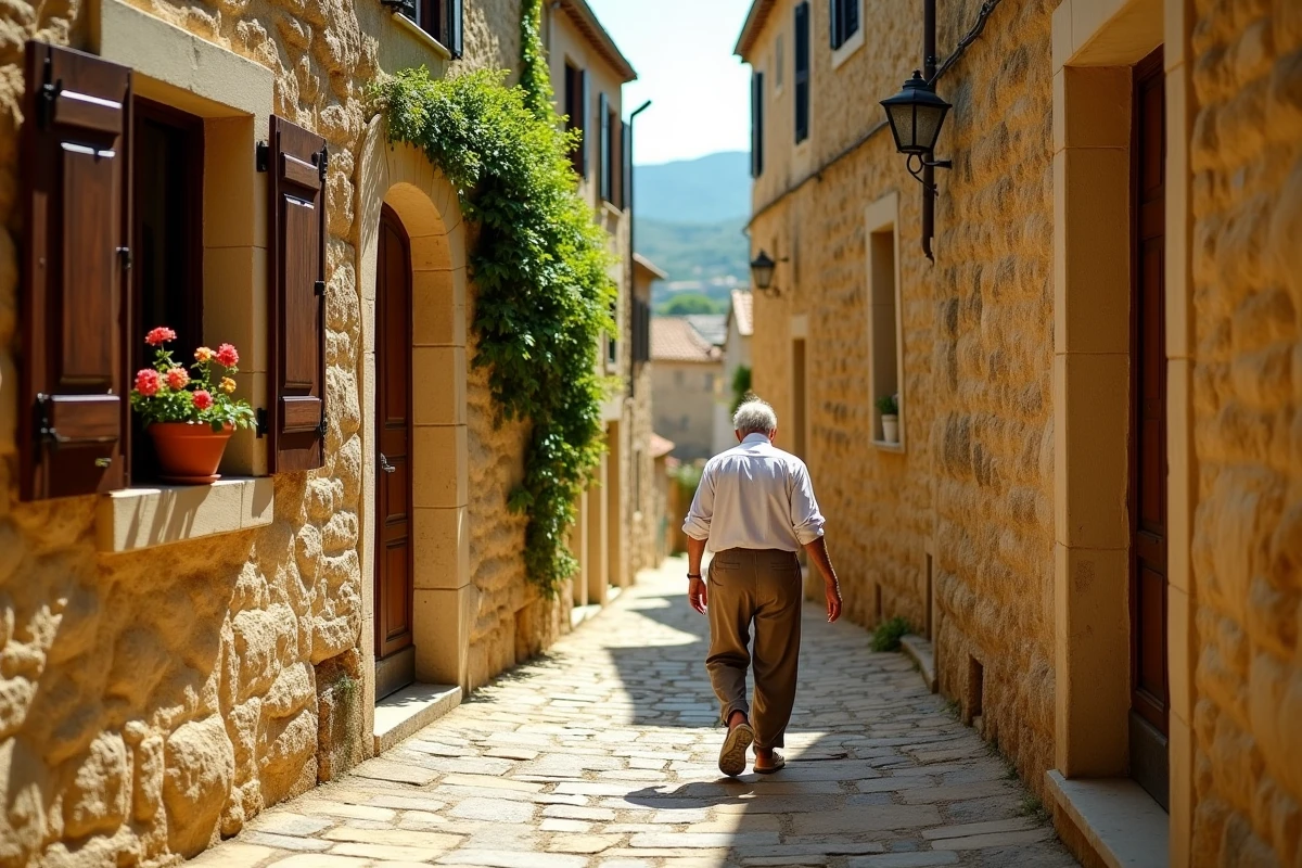 Ruelle pavée et murs en pierre dorée du village médiéval de Gordes avec volets en bois et géraniums