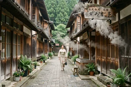 Ruelle pittoresque de Nozawa Onsen en été avec une femme en yukata marchant vers un bain public traditionnel entouré de maisons en bois