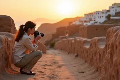 Photographe explorant les ruines d'Akrotiri à Santorin au coucher du soleil, avec les pierres volcaniques illuminées de teintes ambrées