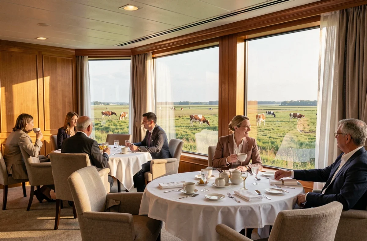 Salon panoramique intérieur d'un bateau de croisière fluviale avec vue sur la campagne néerlandaise