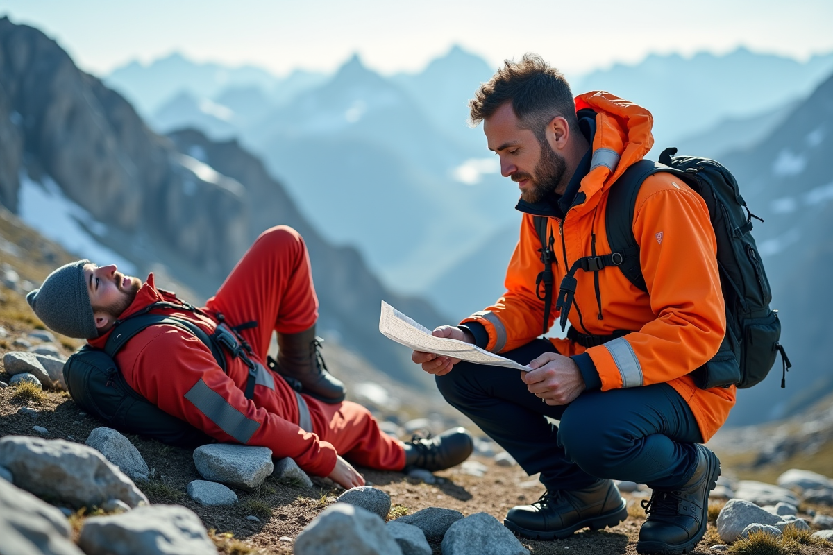 Secouriste en montagne aidant un randonneur blessé