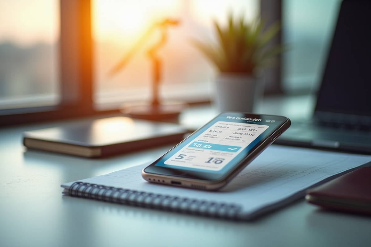Smartphone affichant un itinéraire de vol sur un bureau lumineux